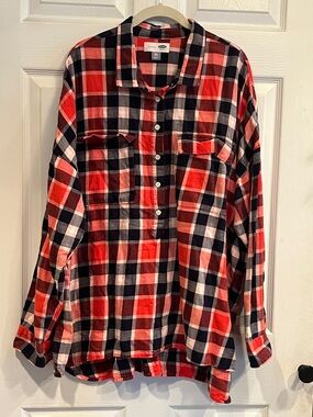 Old Navy Blue, Orange, White Plaid Pullover Cotton Shirt
